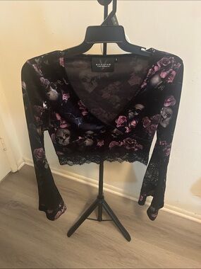 Killstar Black & Purple Skull Rose Lace Crop Top